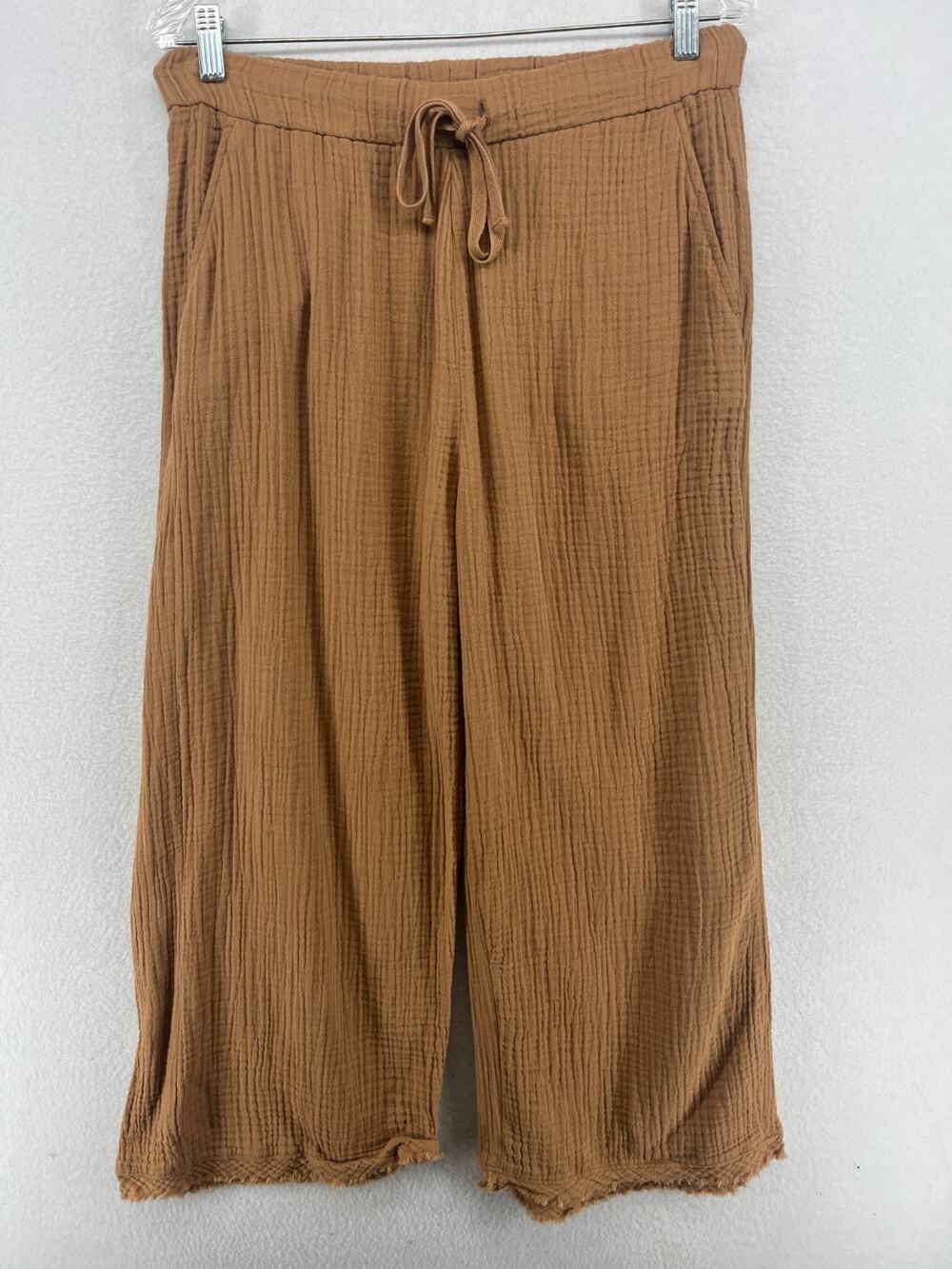EILEEN FISHER Pants PM Crinkle Gauze Wide Leg Organic Cotton Frayed Ankle Brown